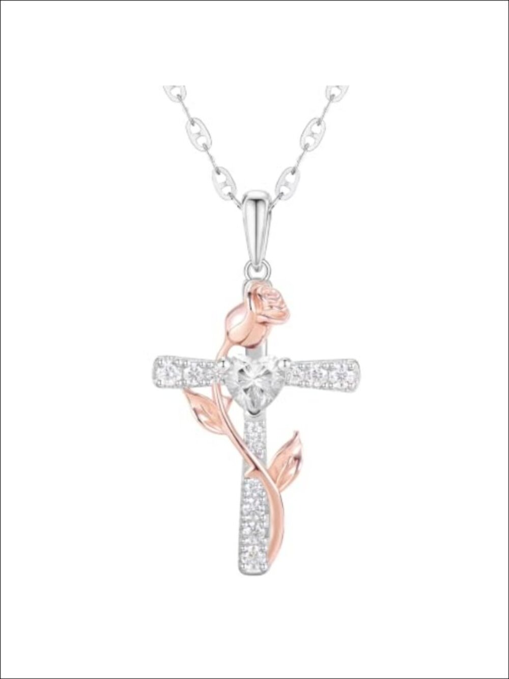 S925 Sterling Silver Rose Cross Heart Moissanite Birthstone Necklace